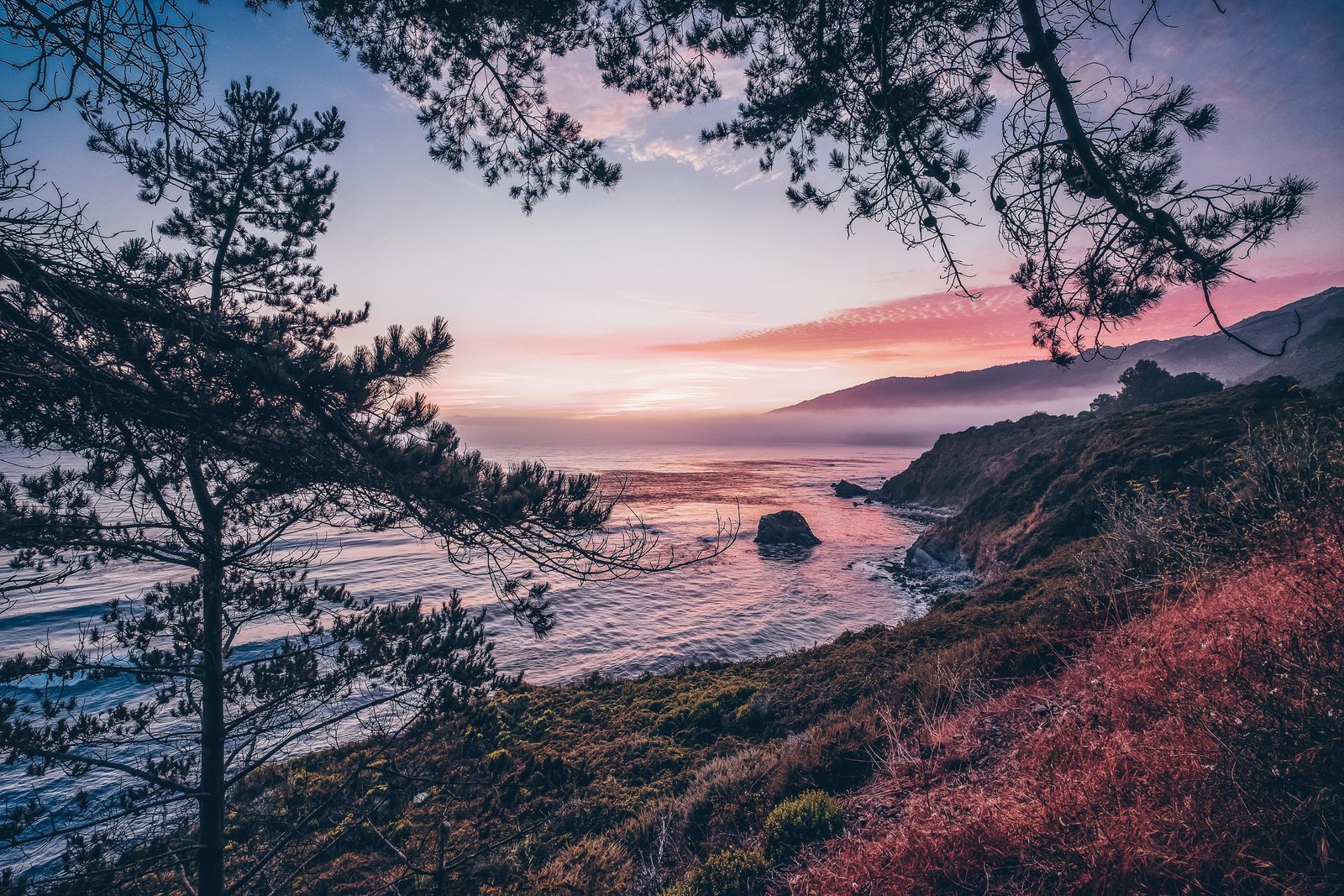 Pink Sunset Bigsur Mountains Landscape