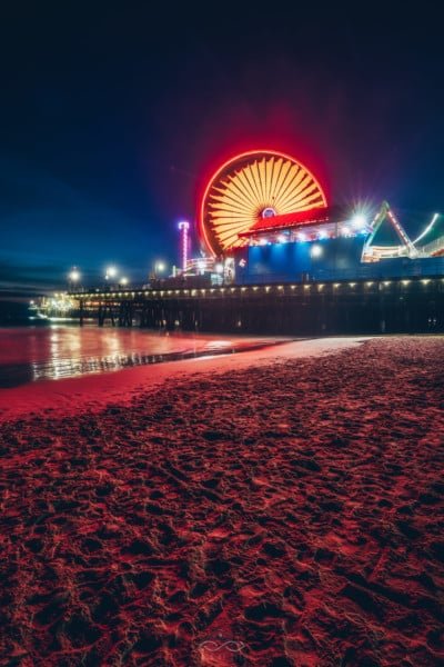 SantaMonica Pier Night Red Reflections FerrisWheel
